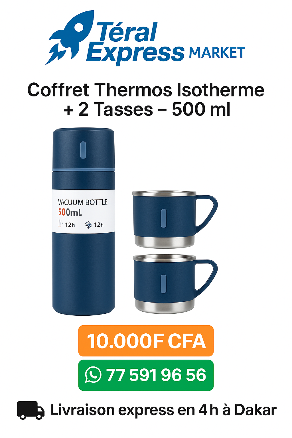 Coffret Thermos Isotherme + 2 Tasses – 500 ml
