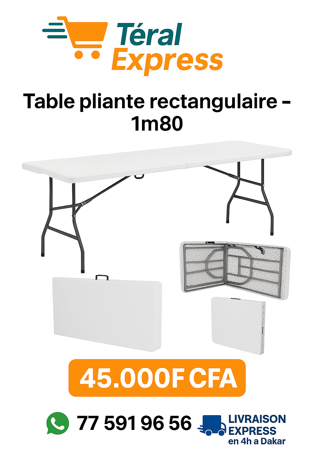 Table pliable rectangulaire de 1m80
