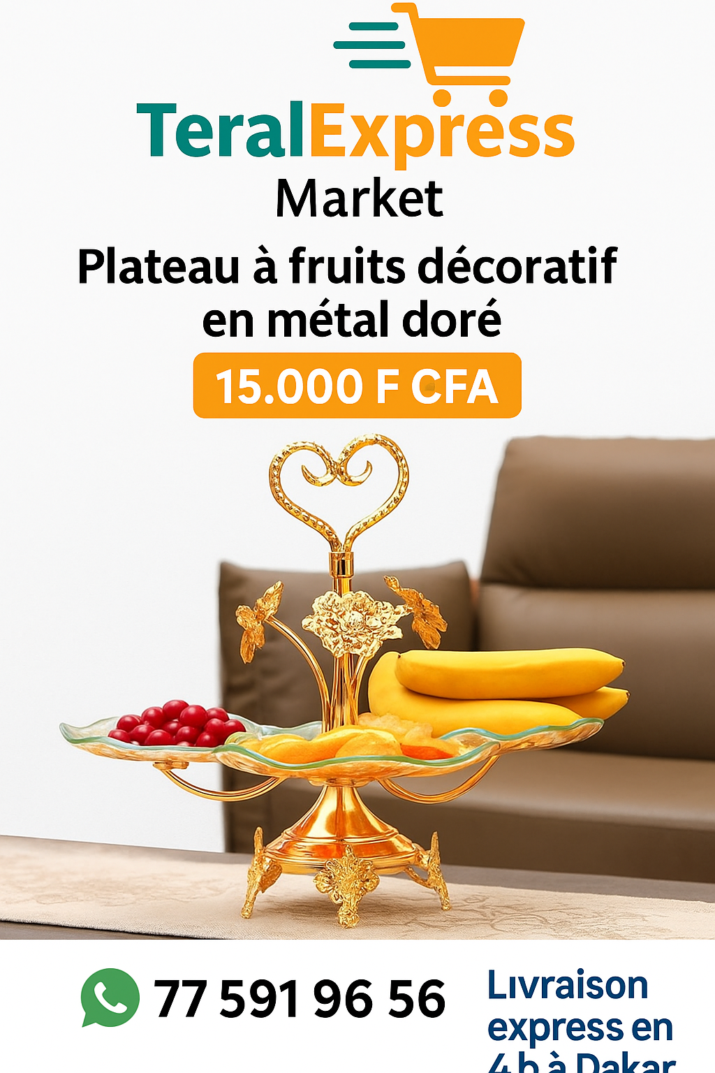 Plateau à fruits décoratif en métal doré – Design royal et élégant