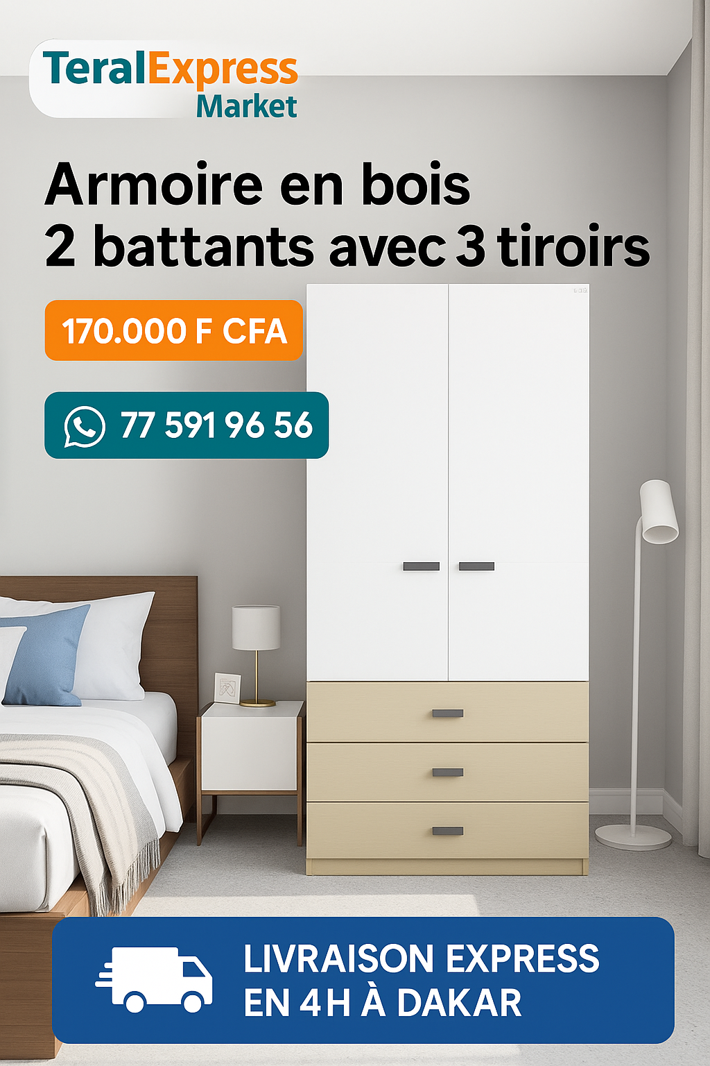 Armoire en bois 2 battants avec 3 tiroirs – Design moderne et durable