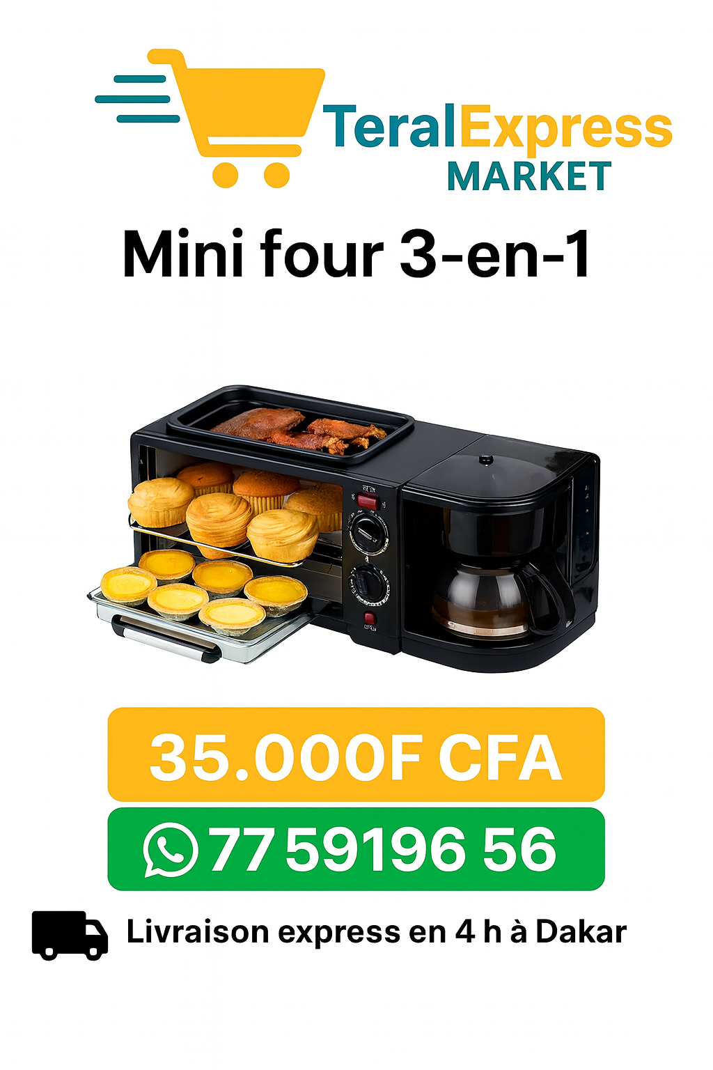 Mini Four Multifonction 3-en-1 – Four + Grill + Machine à Café
