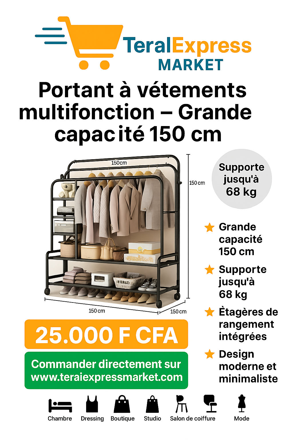 Portant à vêtements multifonction – Grande capacité 150 cm