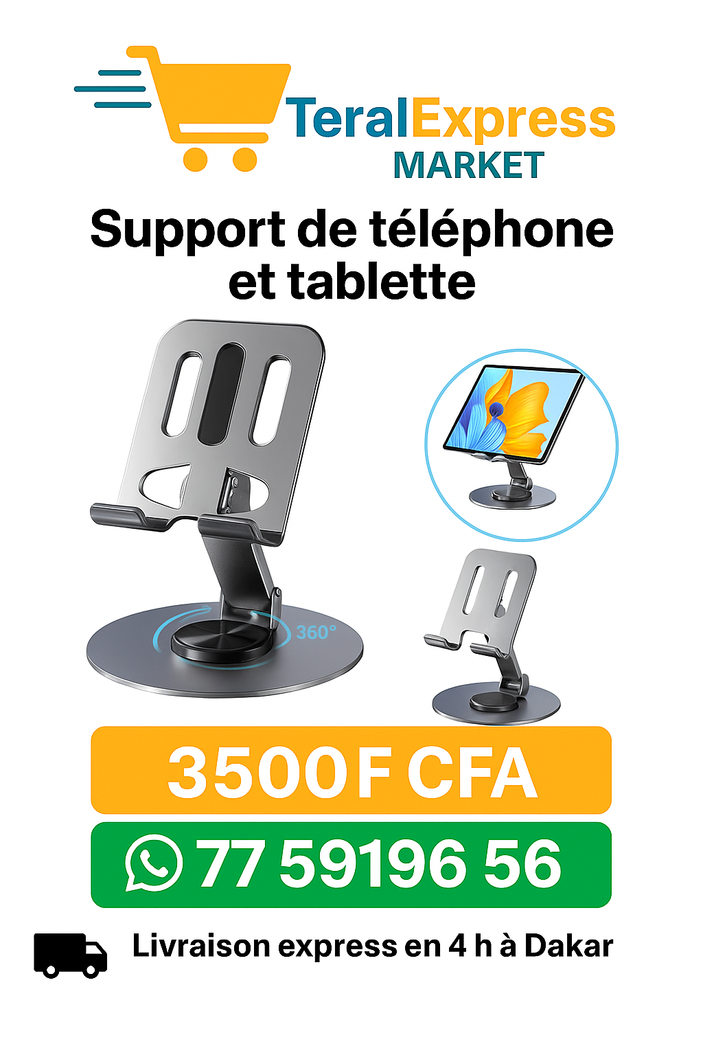 Support Téléphone & Tablette – Rotation 360° (Métal Premium)