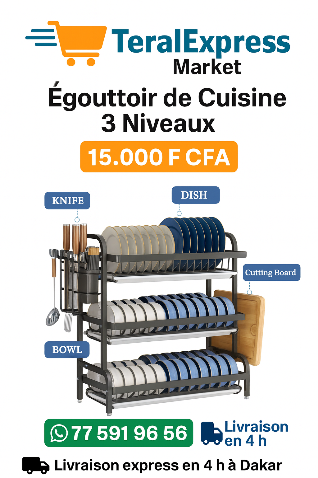 Égouttoir de Cuisine 3 Niveaux – Grande Capacité & Organisation Optimale