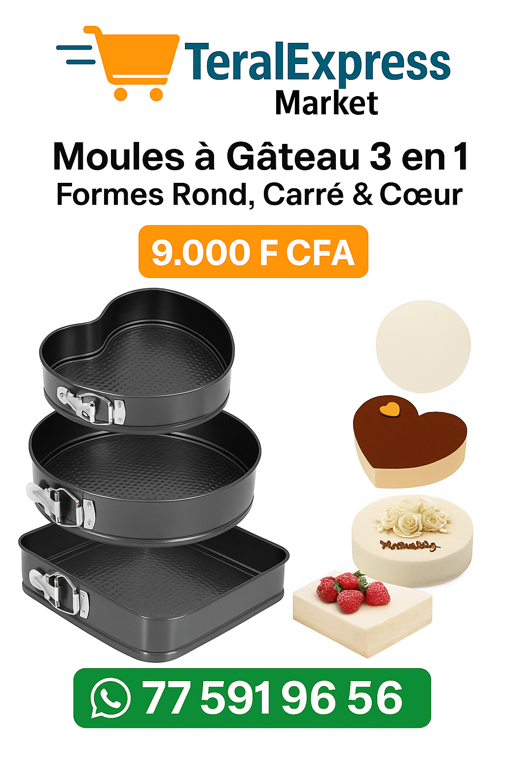 Moules à Gâteau 3 en 1 – Formes Rond, Carré & Cœur