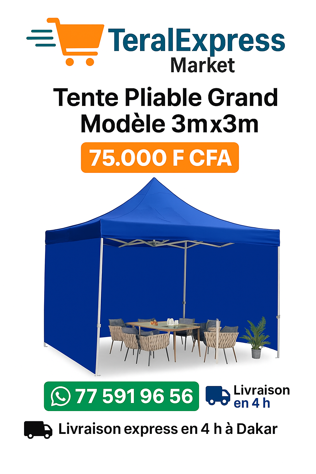 Tente Pliable Grand Modèle 3m x 3m – Idéale pour événements, commerces et jardins