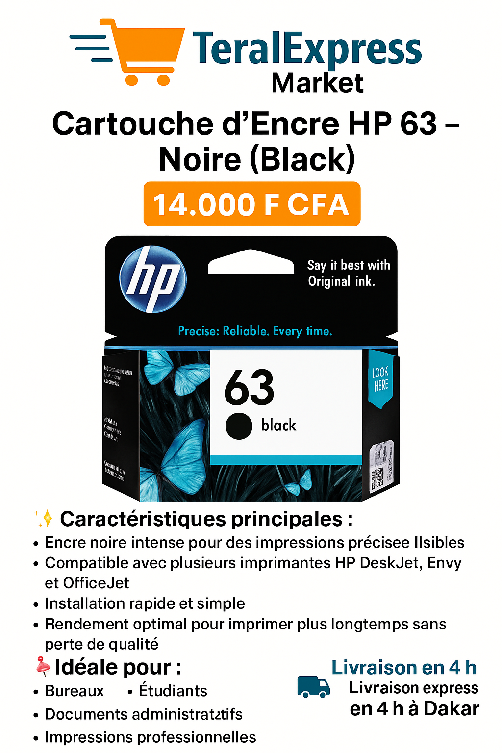 Cartouche d’Encre HP 63 – Noire (Black)