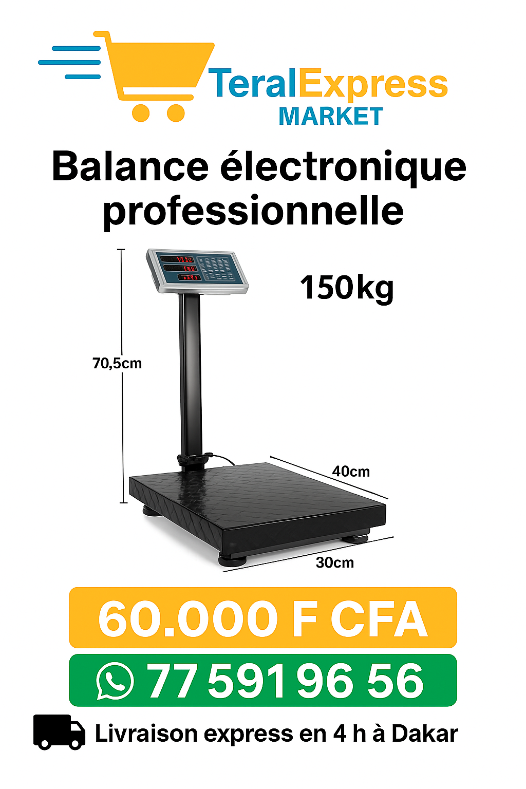 Balance électronique professionnelle 150 kg – Plateforme 40×30 cm