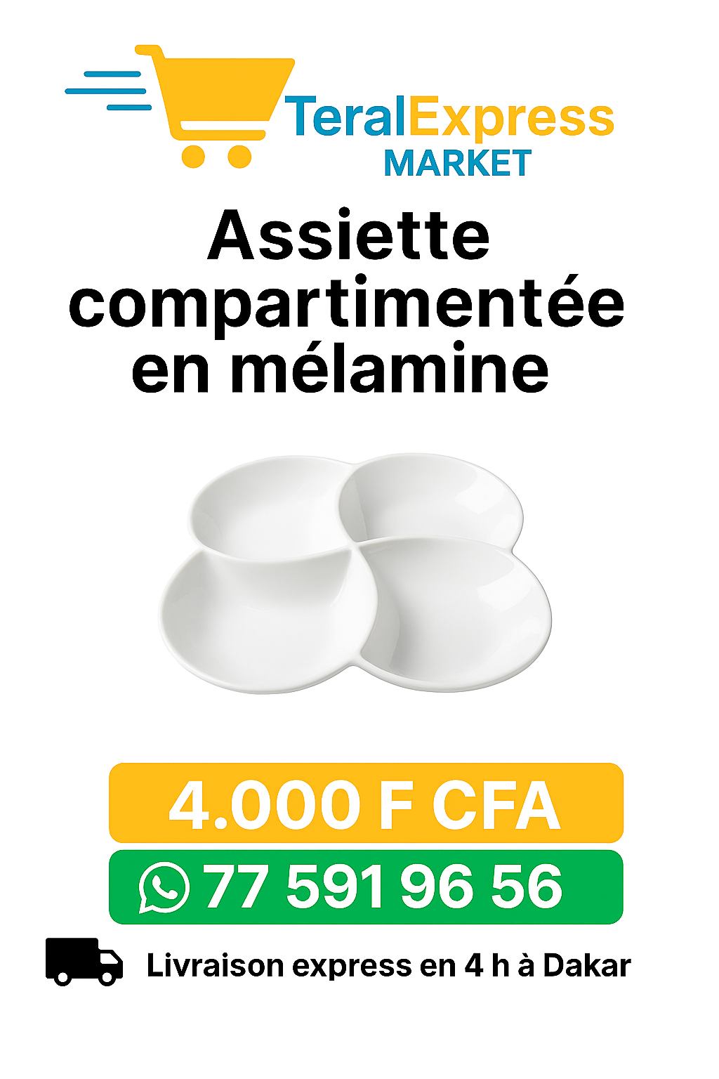 Assiette compartimentée en mélamine – 4 compartiments