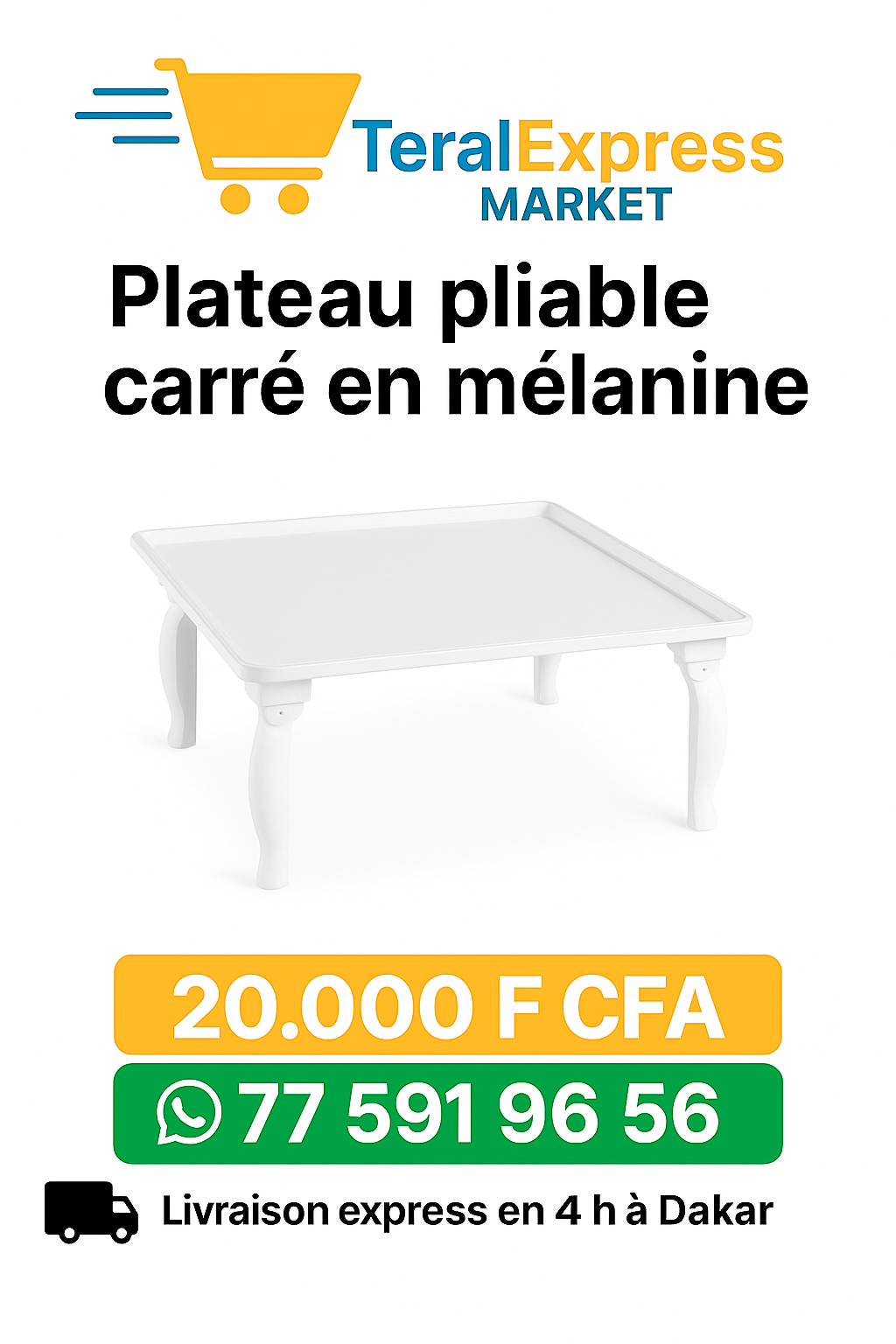 Plateau carré pliable en mélamine – Robuste & élégant