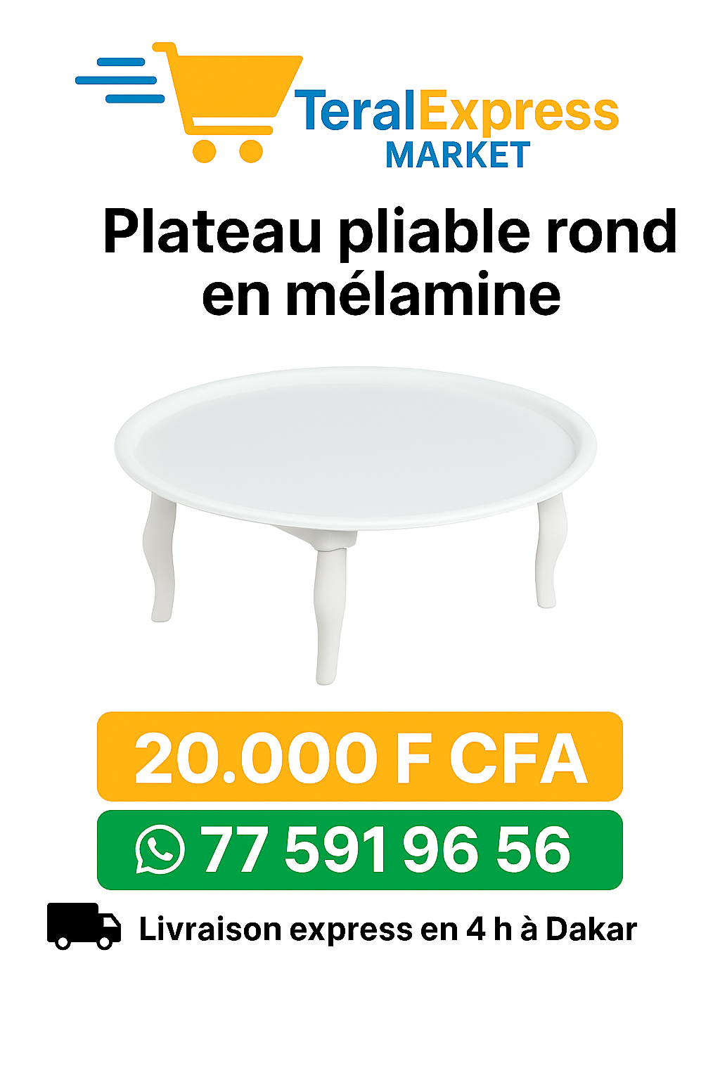 Plateau pliable rond en mélamine – Pratique, solide et élégant