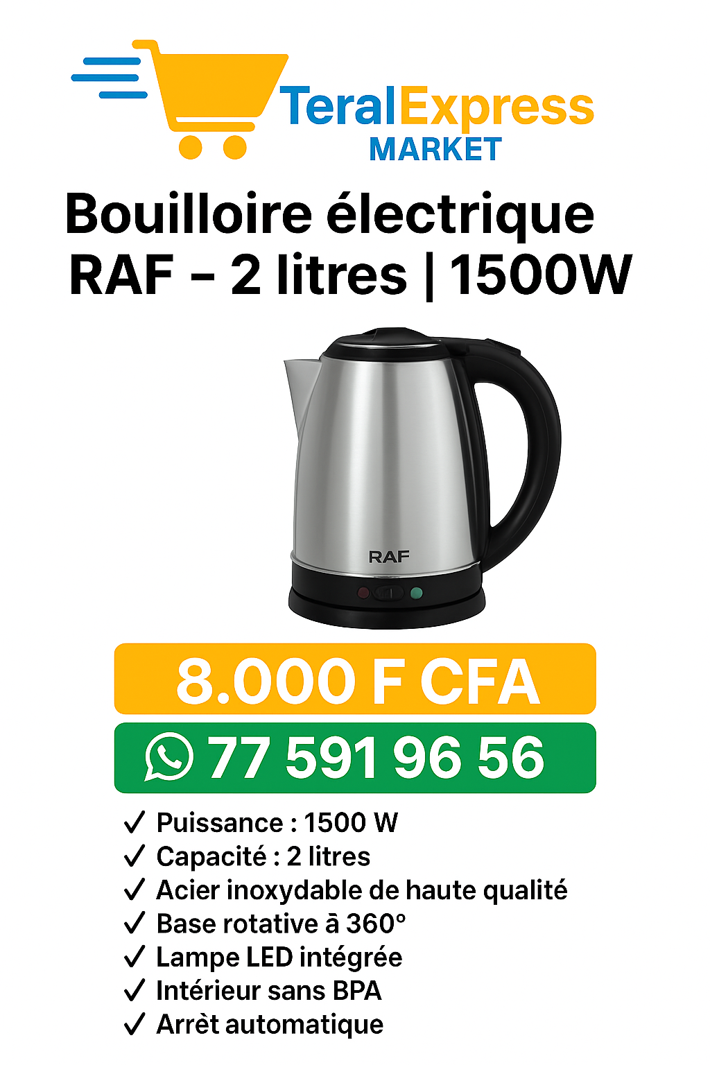 Bouilloire électrique inox de 2L