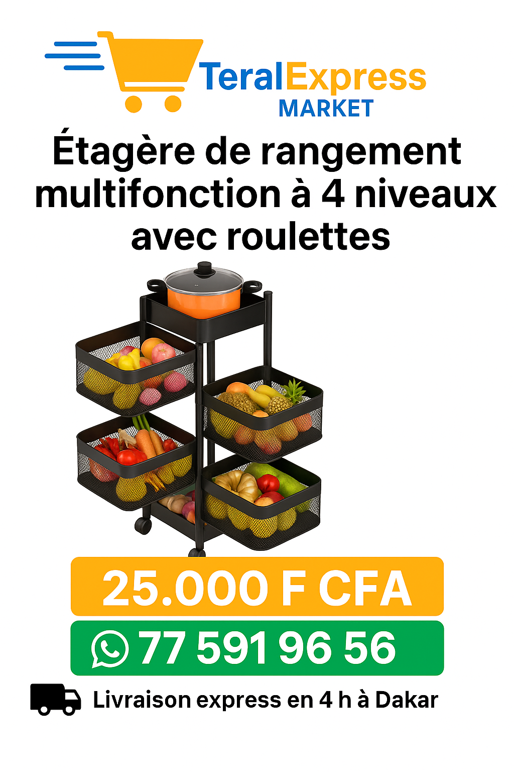Chariot de Rangement Rotatif en Métal – 4 Niveaux avec Roulettes
