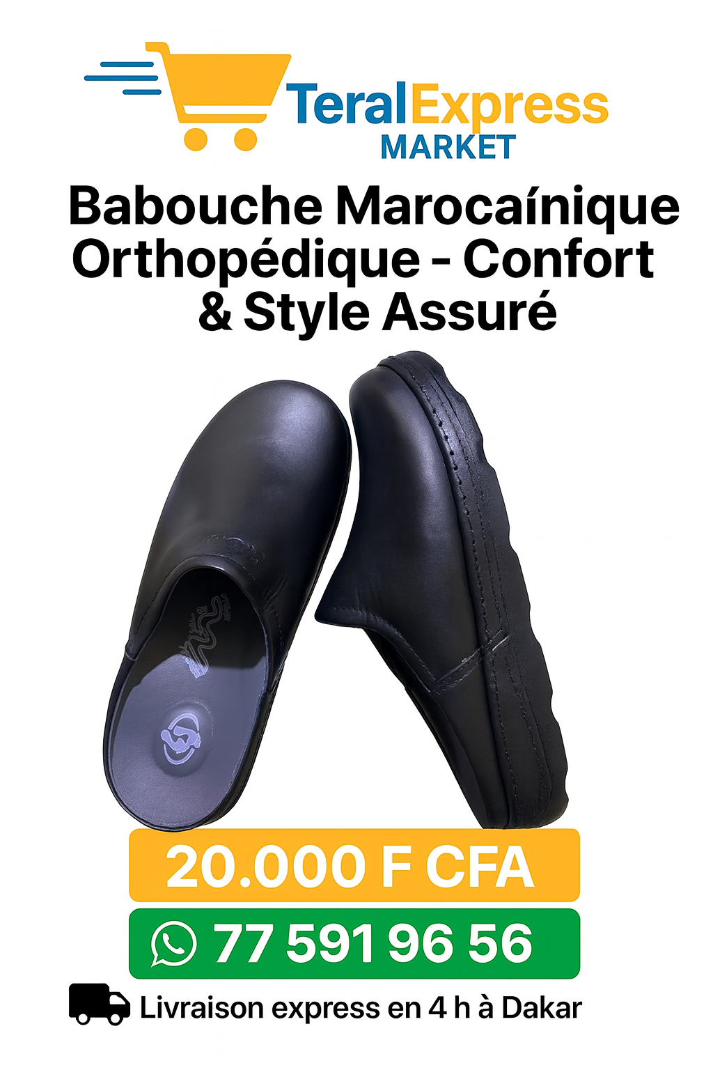Babouche marocaine orthopédique - Noir - Pointure : 40 - 41 - 42 - 43 - 44 - 45