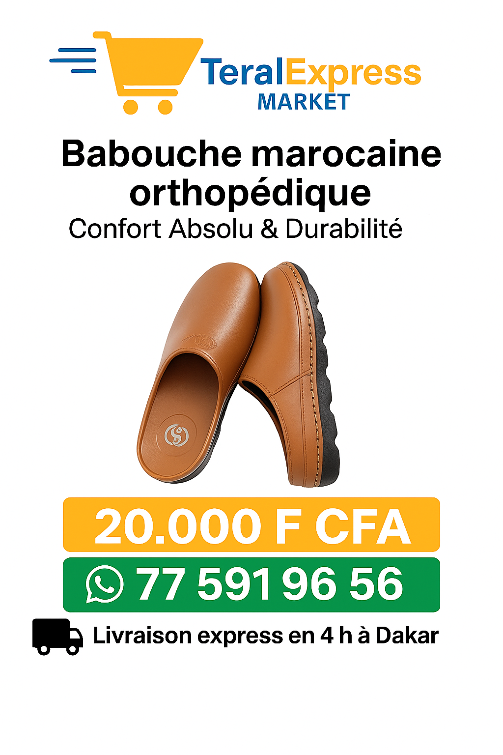 Babouche Marocaine Orthopédique Marron – Confort Absolu & Durabilité - Pointures disponibles : 40 – 41 – 42 – 43 – 44 – 45