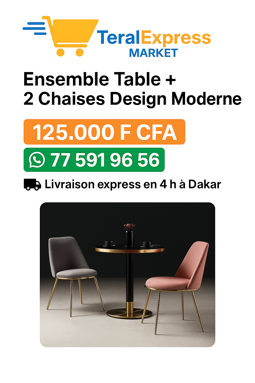 Ensemble Table + 2 Chaises Design Moderne