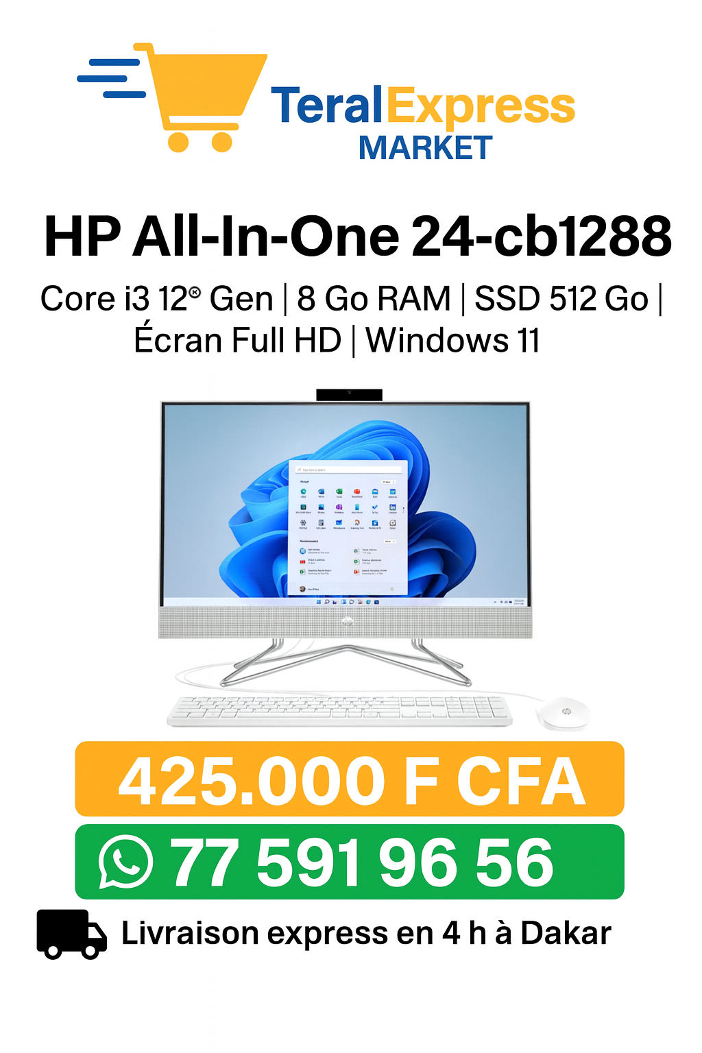 HP All-in-One 24-cb1288 – Core i3 12ᵉ Gen | 8 Go RAM | SSD 512 Go | Écran Full HD | Windows 11