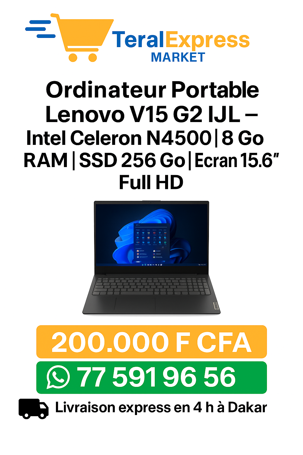 Ordinateur portable Lenovo V15 G2 IJL – Intel Celeron N4500 | 8 Go RAM | SSD 256 Go | Écran 15.6″ Full HD