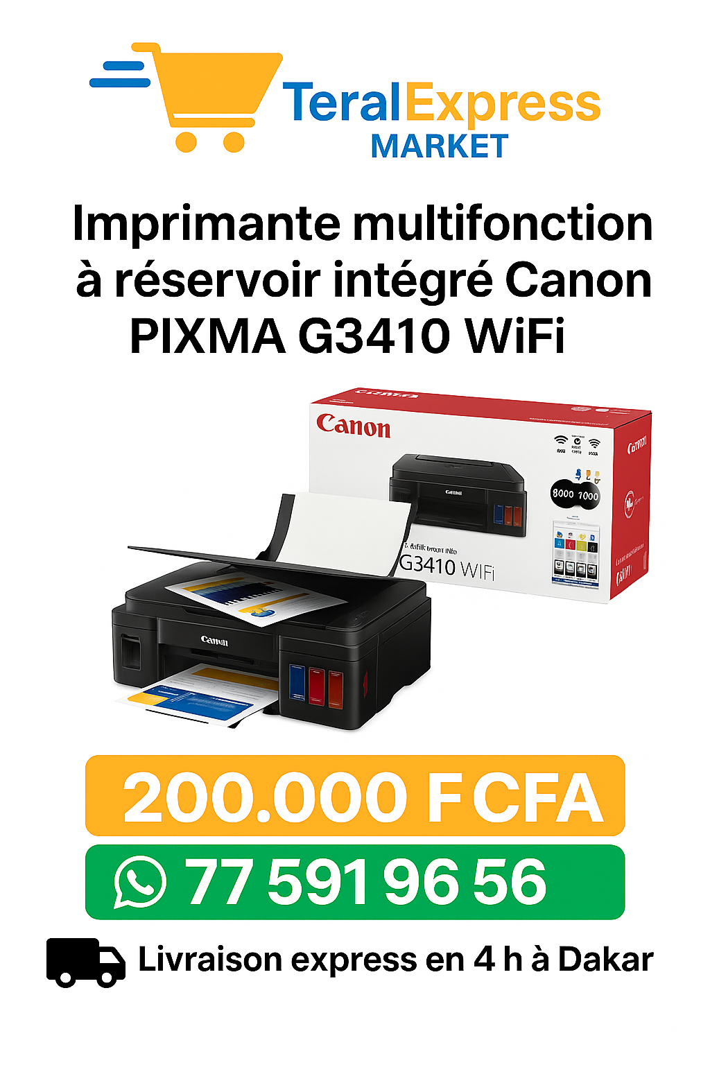 Imprimante Multifonction Canon PIXMA G3410 WiFi – Réservoir Intégré