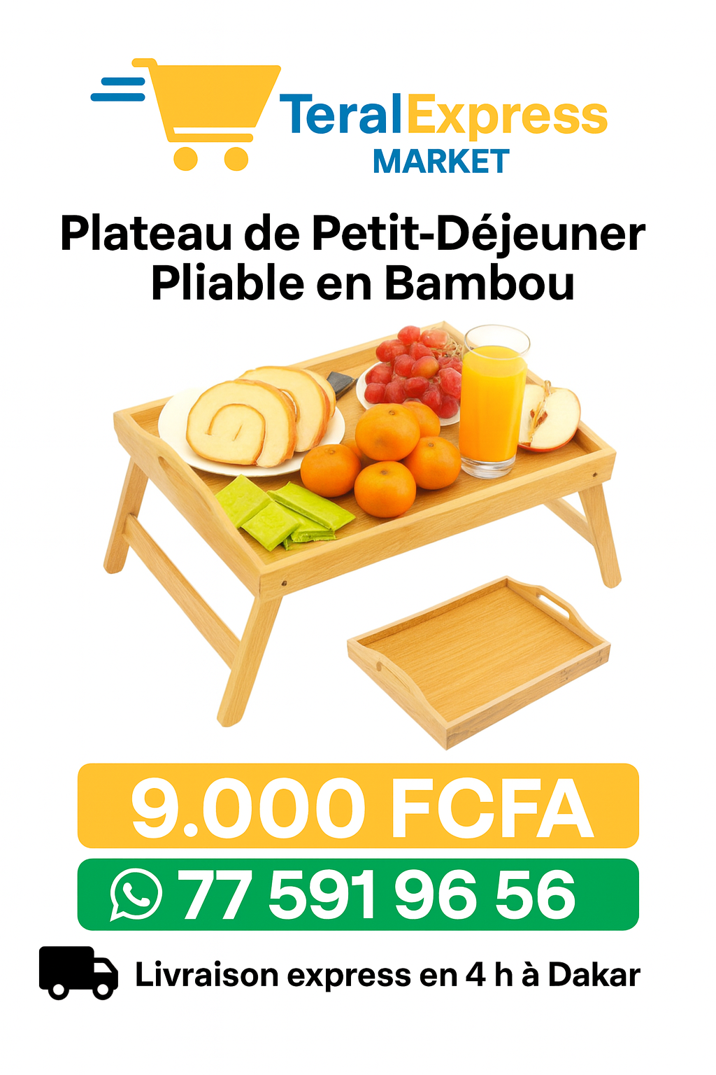 Plateau de Petit-Déjeuner Pliable en Bambou – Multifonction & Élégant